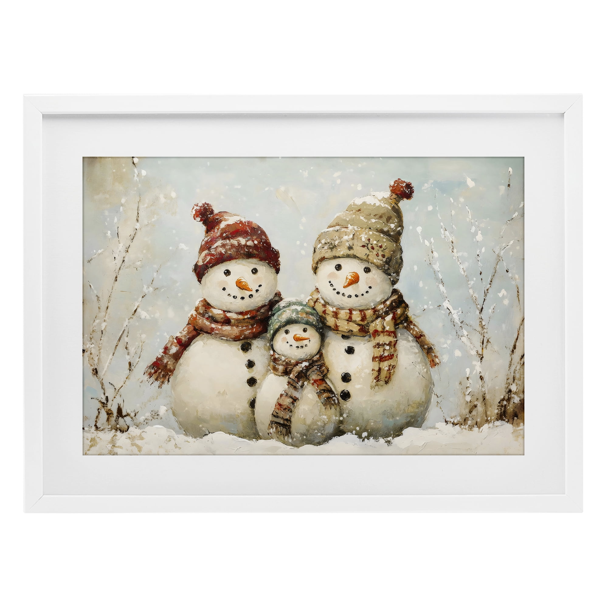 Snowman Family Of Three White Framed Print Under Glass, design by Petal Prints Design