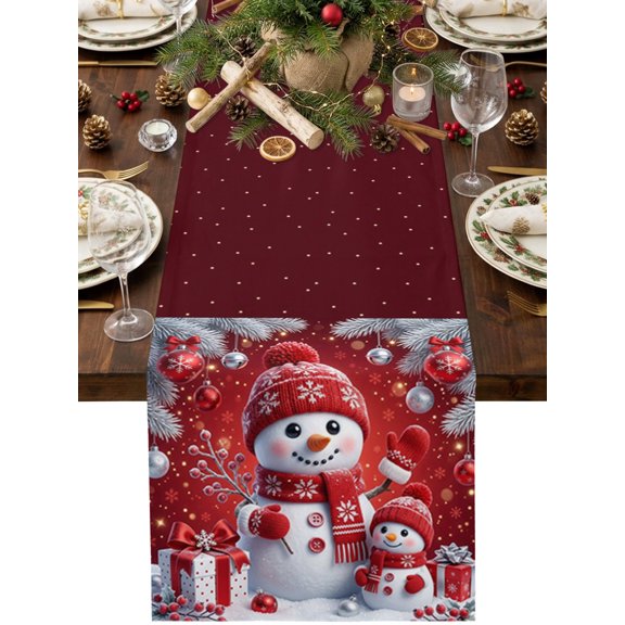 Snowman Family Table Runner 36 Inches Long, Christmas Red Knit Beanie Pine Branches Red Cotton Linen Dining Table Runner Dresser Scarves for Home Kitchen Party Decor 13"x36"