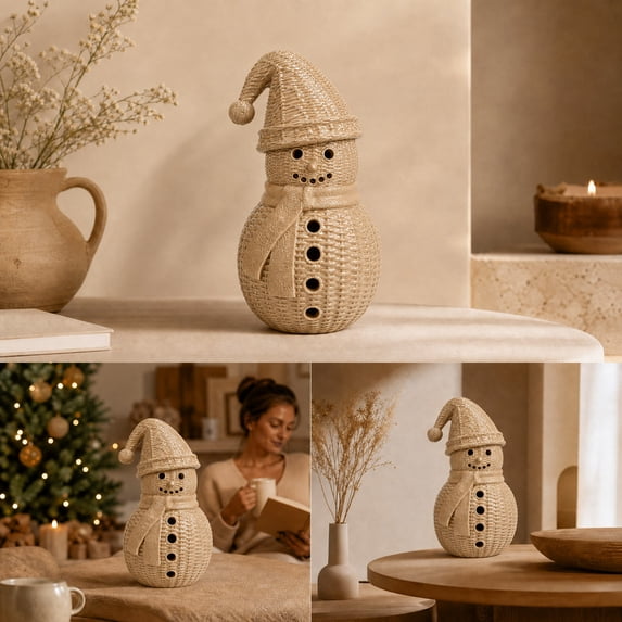 Snowman Figurine, 12 in Woven Texture Tabletop Decoration, Christmas Holiday Decor