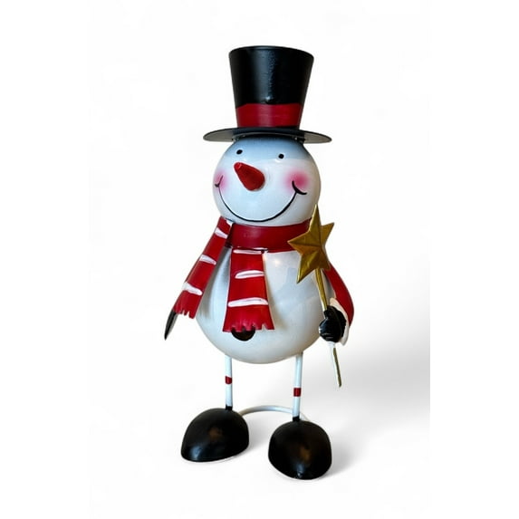Snowman Figurine 8.5” Metal Rustic Winter Tabletop Decoration – Farmhouse Christmas Shelf Mantel Accent for Home or Office Holiday Displays