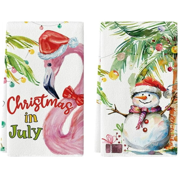 Snowman Flamingo Christmas in July Kitchen Towels Dish Towels, 18x26 Inch Palm Leaves Decoration Hand Towels Set of 2
