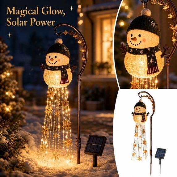 Snowman Flashing Waterfall Solar Garden Lamp, Flowing Snowflake LED Yard Decoration with Glowing Orb, Warm White Outdoor Holiday Stake Light for Lawn & Garden Walkway