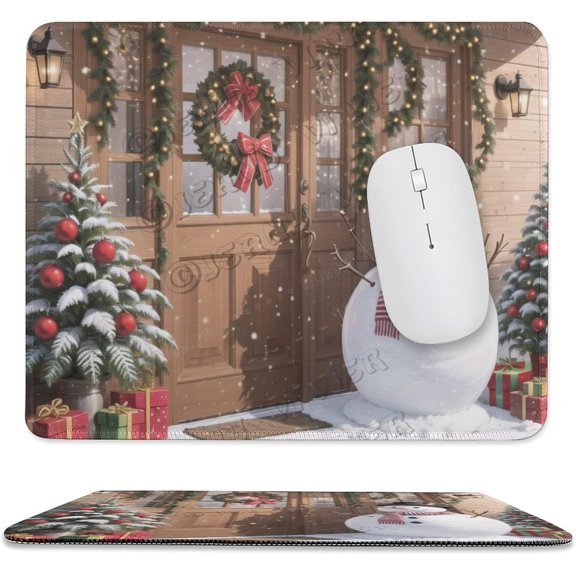 Snowman in Front of The Door Print Mouse Pad, Computer Mouse Mat with Anti-Slip Rubber Base, Easy Gliding, with Stitched Edge,Funny Mouse Pad with Design 10"x12"