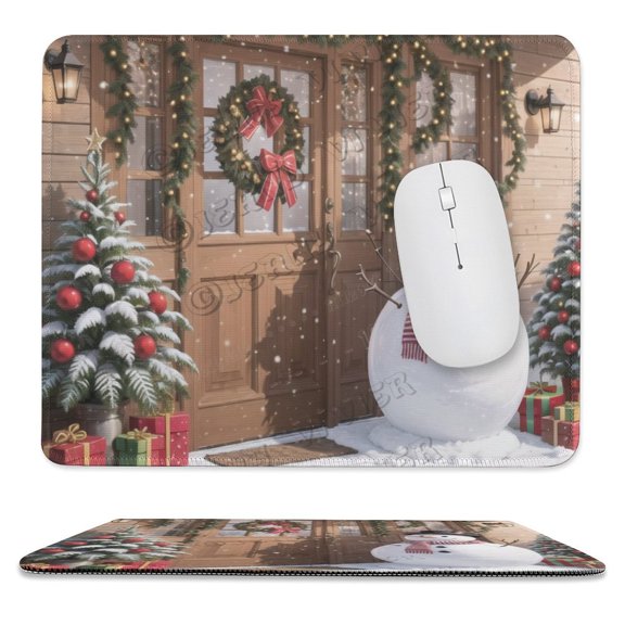 Snowman In Front Of The Door Print Mouse Pad, Computer Mouse Mat with Anti-Slip Rubber Base, Easy Gliding, with Stitched Edge,Funny Mouse Pad with Design 10"x12"