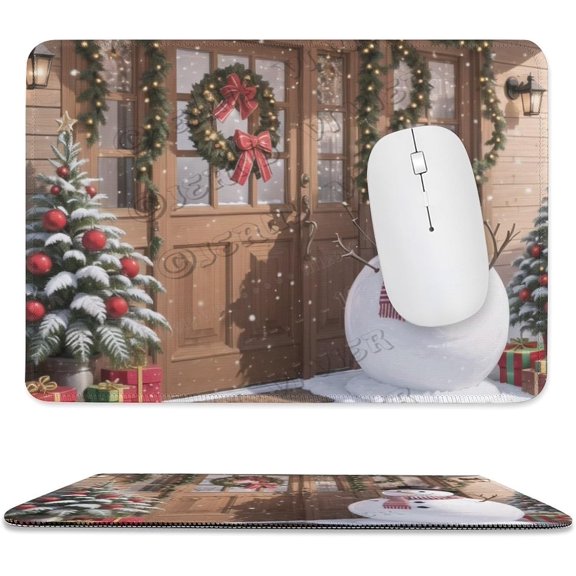 Snowman in Front of The Door Print Mouse Pad, Computer Mouse Mat with Anti-Slip Rubber Base, Easy Gliding, with Stitched Edge,Funny Mouse Pad with Design 8"x10"