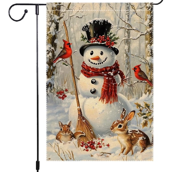 Snowman Garden Flag 12x18 Inch Double Sided Burlap Winter Cardinal Animal Scene Holiday Christmas Yard Flag Small Seasonal Outdoor Welcome Banner for House Porch Lawn Decor