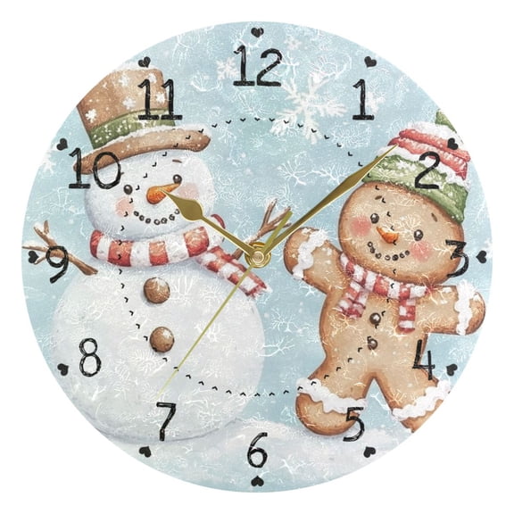 Snowman Gingerbread Man Christmas Round Wall Clock Silent Analog Battery Operated Gold Pointer Home Decor 9.84" Diameter
