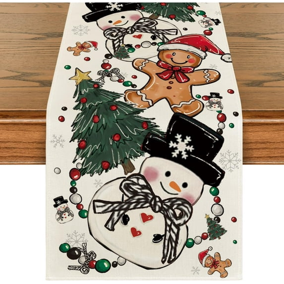 Snowman Gingerbread Xmas Pine Merry Christmas Table Runner, Seasonal Winter Kitchen Dining Table Decoration for Home Party Decor 13x108 Inch