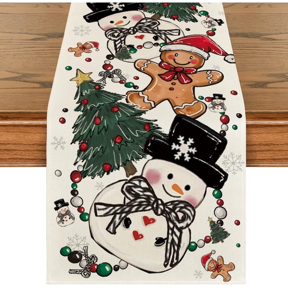Snowman Gingerbread Xmas Pine Merry Christmas Table Runner, Seasonal Winter Kitchen Dining Table Decoration for Home Party Decor 13x120 Inch