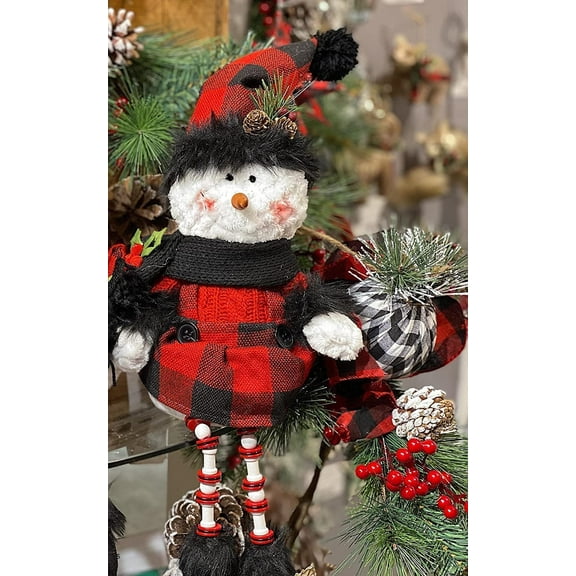 Snowman Girl Plush Shelf Sitter Figurine With Dangling Feet Christmas Winter Holiday Decoration Checkered Plaid Design 17"