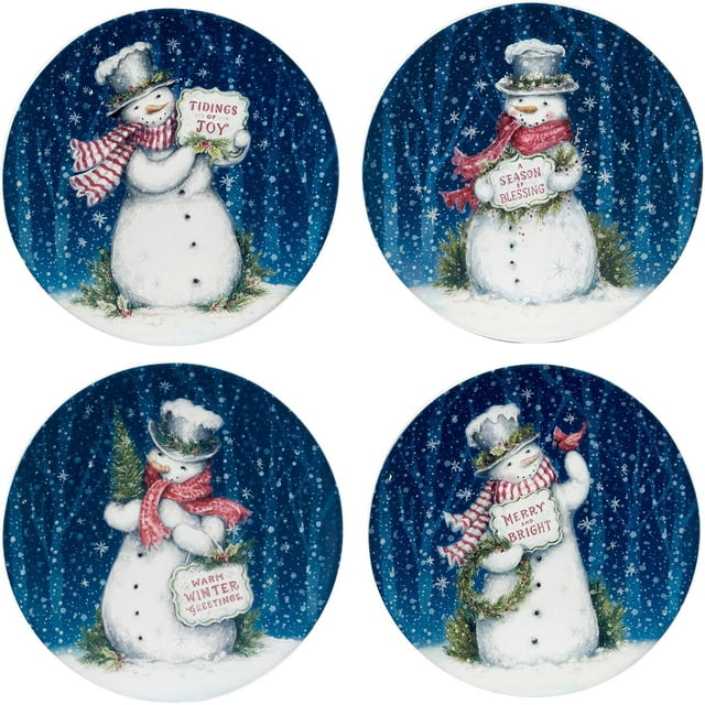 Snowman Greetings 11" Dinner Plates, Set of 4 Assorted Designs.,