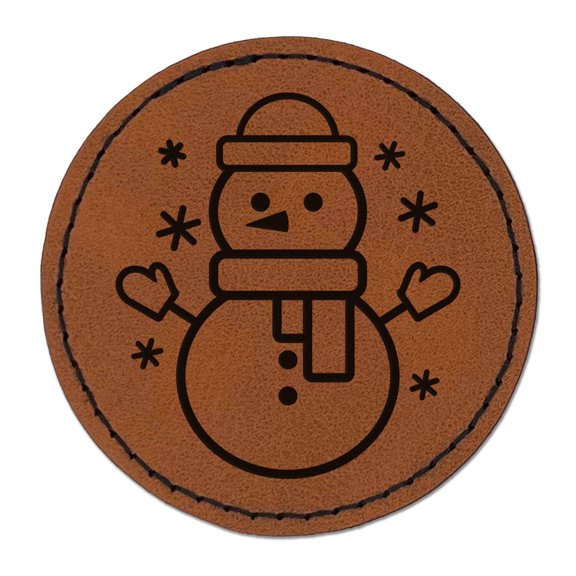Snowman Hat and Scarf 2.5" Faux Leather Round Engraved Iron-On Patch - Brown