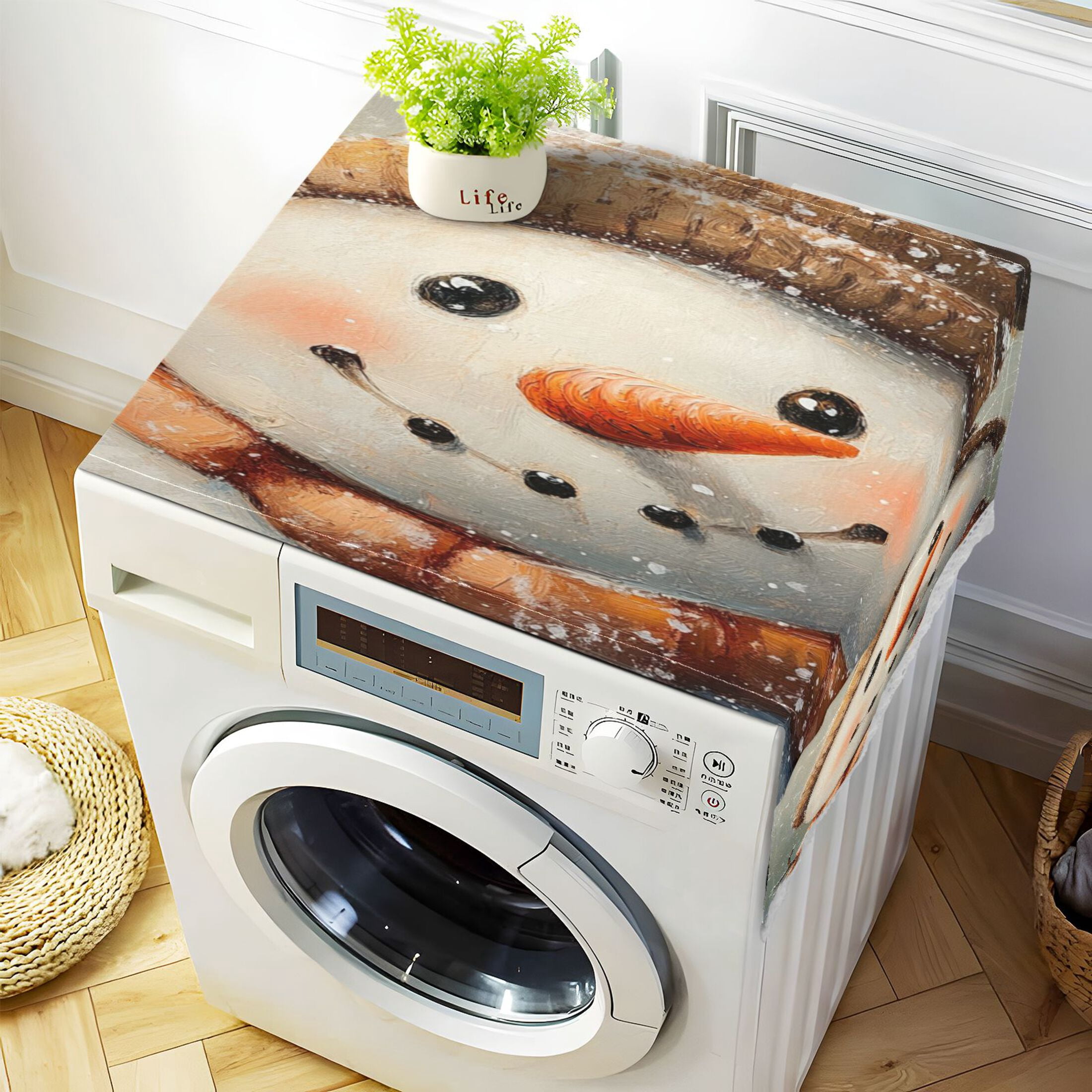 Snowman HhostatWasher and Dryer Covers Dust-Proof and Oil Resistant Fridge Cover with 4 Storage Pockets Washing Machine Top Cover for Laundry Kitchen Home 51.2 x 22 In