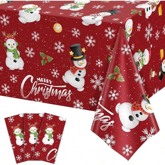Snowman Holiday Disposable Tablecloth Set - Red, 3 Pack, 54x108 Inch