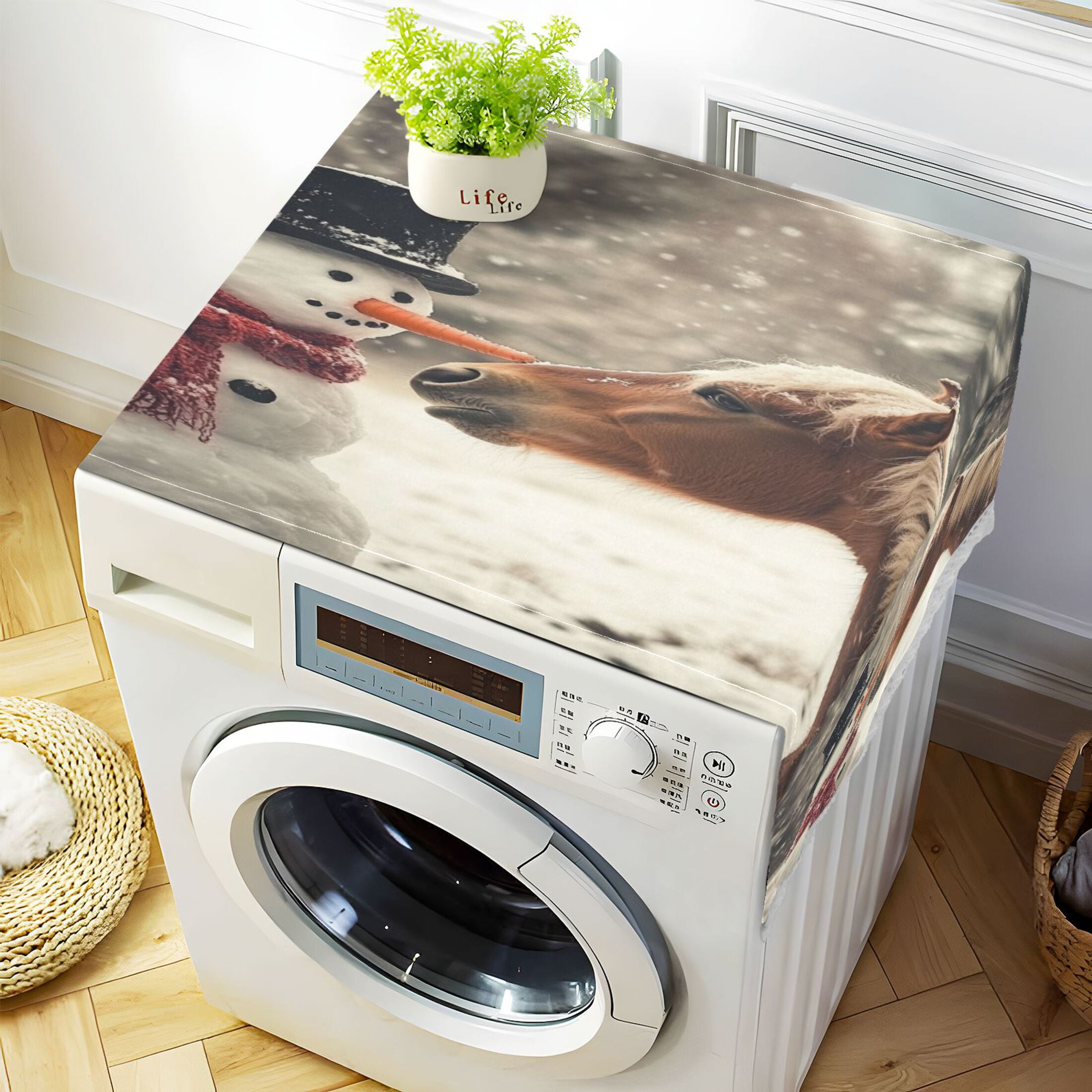 A Snowman with A HorseWasher and Dryer Covers Dust-Proof and Oil Resistant Fridge Cover with 4 Storage Pockets Washing Machine Top Cover for Laundry Kitchen Home 51.2 x 22 In