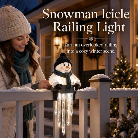 Snowman Icicle Railing Light, Lighted Seated Snowman with Cascading ...