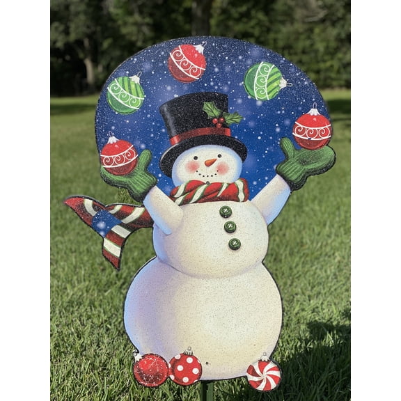 Snowman Juggles Christmas Ornaments