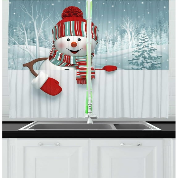 Snowman Kitchen Curtains, Smiling 3D Style Mascot with Hat and Scarf Snowy Mountains Trees Seasonal Happy, Window Drapes 2 Panel Set for Kitchen Cafe Decor, 55" x 36", Teal Red