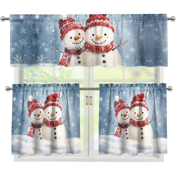 Snowman Kitchen Curtains and Valances Set 3 Pieces Cafe Curtains 36 Inch Length Rod Pocket Kitchen Window Curtains Over Sink for Cafes Living Room Bedroom Decor
