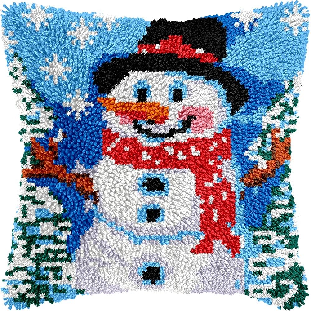 Snowman Latch Hook Pillow Kits for DIY Handmade Throw Pillow Cushion Embroidery Latch Hooking Pillowcase Kits with Preprinted Canvas Crochet Yarn Kits 17''X 17''(g42)