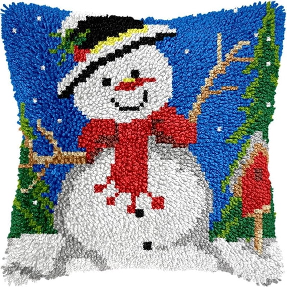 Snowman Latch Hook Pillow Kits Pillow Cover with Pattern Printed Canvas Crochet Cross Hooking Pillowcase Cushion Crafts Embroidery Latch Hooking Crochet Kits 17x17 inch(7)