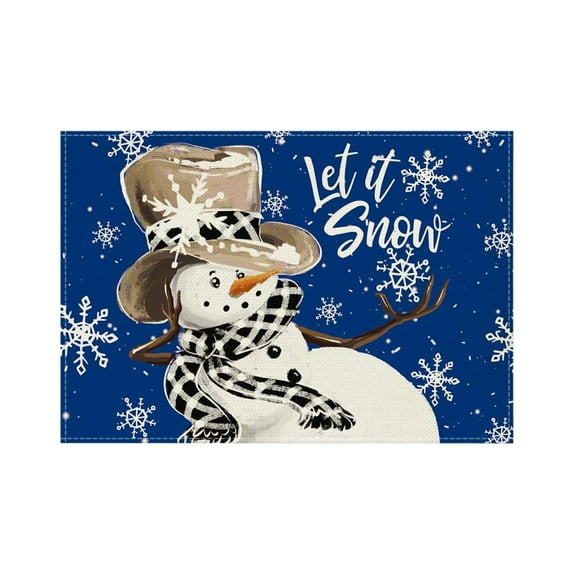 Snowman “Let It Snow” Placemats, 12x18 Inch Christmas Holiday Table Mats, Polyester Dining Table Protection for Kitchen, Parties & Winter Home Décor