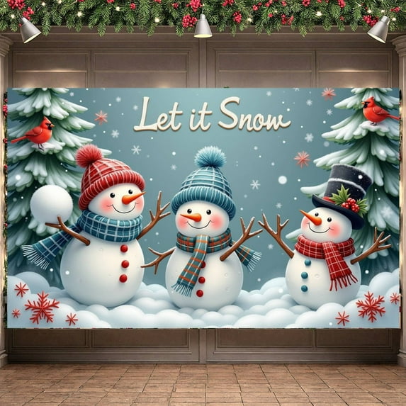 Snowman Let it Snow Banner Snowflake Winter Backdrop Plaid Scarf Red Cardinal Christmas Background for Winter Party Christmas Celebration Home Decor