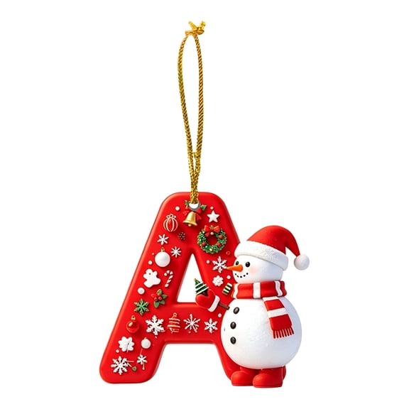 Snowman Letter A Ornaments, Red Alphabet Personalized Christmas Ornaments Initial Pendants with Snowflake Berry for Xmas Tree Wreath DIY Gift