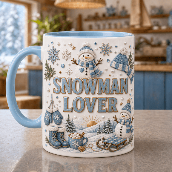 Snowman Lover Ceramic Mugs Winter Scarf 3D Effect for Christmas Gift Giving