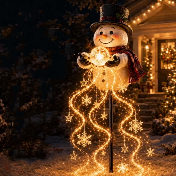 Snowman Magic Fountain - Flowing Snowflake LED Christmas Garden Light Snowman Magic Fountain with Cascading Stars, Warm Glow, Solar Power and Outdoor Garden Stake for Christmas Yard Decor