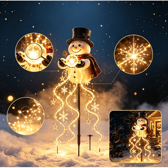 Snowman Magic Fountain Garden Light, Solar Powered Christmas Flowing Cascading Snowflake Star LED Yard Stake Light, Dynamic Winter Scene Outdoor Yard Decor for Holiday Porch Lawn Display