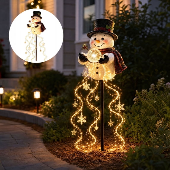 Snowman Magic Fountain Solar Pathway Lights Outdoor,Flowing Snowflake Led Christmas Solar Garden Lights,Waterproof Christmas Decorations For Yard Lawn