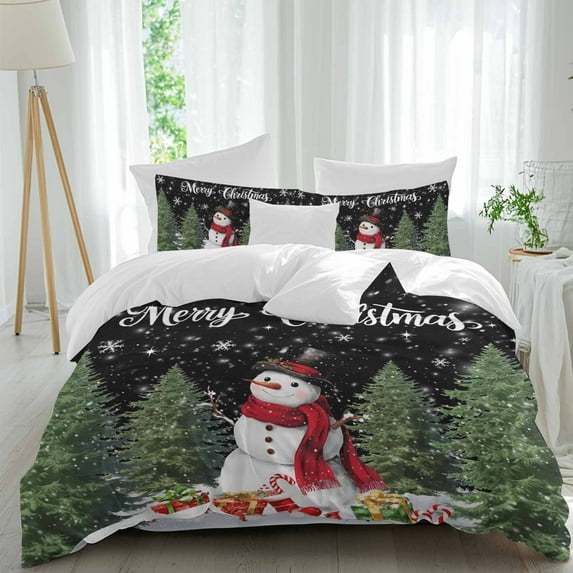 Snowman Merry Christmas 4 Piece Duvet Cover Set Full Size Black Winter Socks Xmas Tree Soft Bedding Set Comforter Cover, 1 Duvet Cover 1 Flat Sheets and 2 Pillowcases