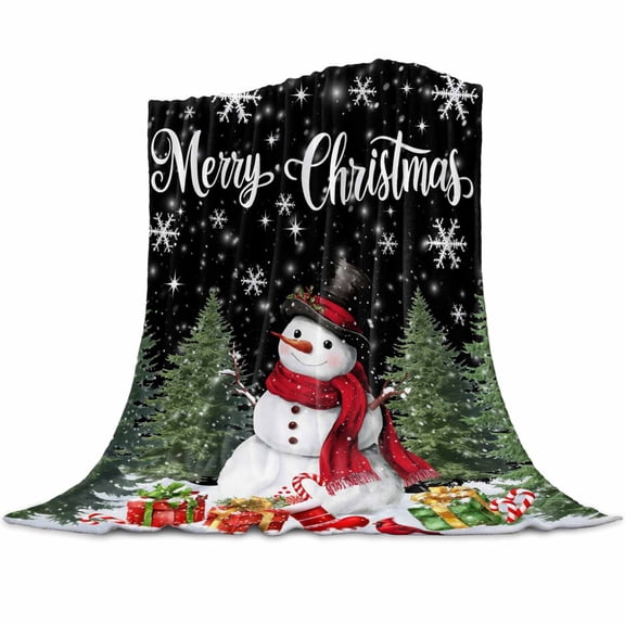 Snowman Merry Christmas Flannel Blanket for Bed,Travel and Camping, Black Winter Socks Xmas Tree Super Soft Cozy Blanket for All Seasons 32" x 48"