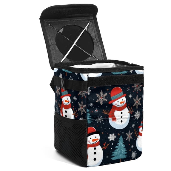 Snowman Mini Trash Can for Car: Foldable, with Lid, Leak-Proof, and Hanging Storage Bag