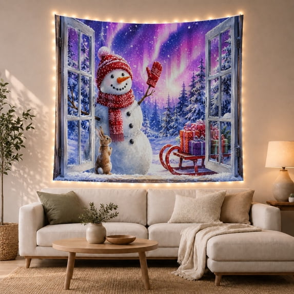 Snowman at Open Window with Sleigh and Aurora, Cheerful Fantasy Style for Snowman Lovers, Snowman Wall Decor Christmas Gift, Tapestry Wall Hanging for Bedroom and Living Room
