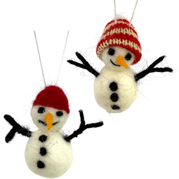 Snowman Ornaments – Set of 2 Wool Mini Snowmen Christmas Tree Holiday Decorations, 3"