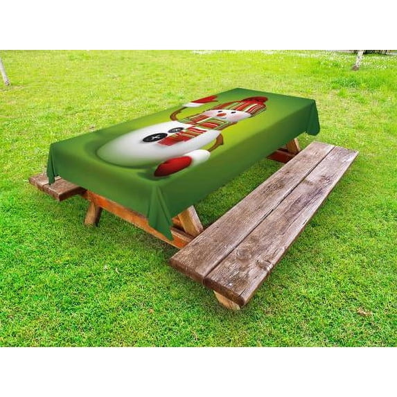 Snowman Outdoor Tablecloth, 3D Style Fun Character Greeting Traditional Colors Seasonal Celebration Theme, Decorative Washable Fabric Picnic Table Cloth, 58 X 84 Inches,Green Red White, by Ambesonne
