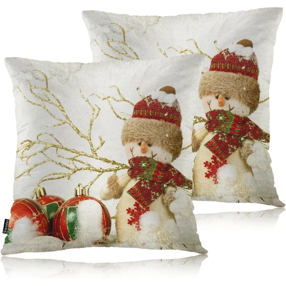 Snowman Pack of 2 Throw Pillow Cases, Christmas Snowman Red Xmas Balls Pine Trees Cozy Pillow Cover Square 18"X18" Cushion Case Set Pillowcase Decorative for Home Sofa Bedroom Car Office
