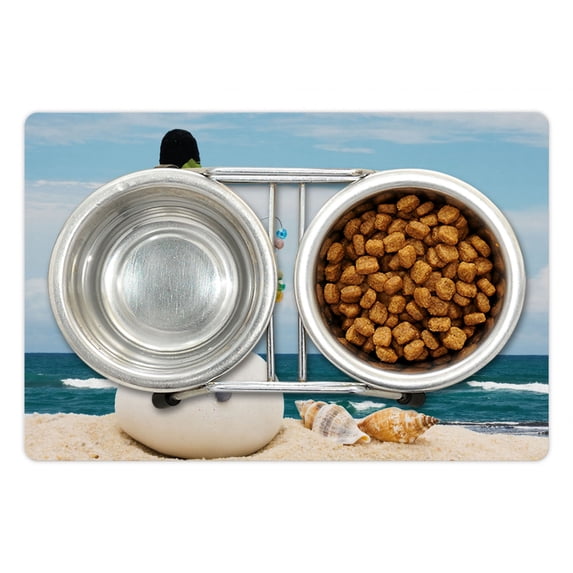 Snowman Pet Mat for Food and Water, Winter Vacation Holiday Theme Figure Seashells Sitting on Sandy Beach Coastal, Non-Slip Rubber Mat for Dogs and Cats, 18" X 12", by Ambesonne