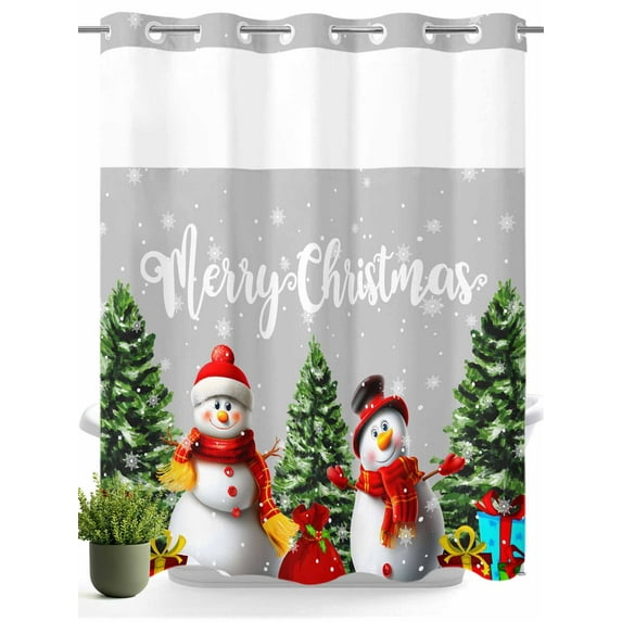 Snowman Pine Tree Christmas Gifts No Hooks Shower Curtain with Snap in Fabric Liner Set, Winter Snowflake on Gray Shower Curtains Waterproof Bathroom Curtain with See Through Top Window, 72x72 Inch