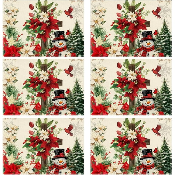 Snowman Poinsettia Christmas Winter Cross Xmas Placemats Set of 6 Table Mats for Party Home Kitchen Dining Table Decorations 12x18 Inch