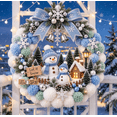 thumbnail image 1 of Snowman Pom Pom Christmas Wreath, Pastel Blue Pom Pom Christmas Wreath, Snowman & Lighted Cabin Accent, Unique Winter Front Door Decoration, 1 of 6