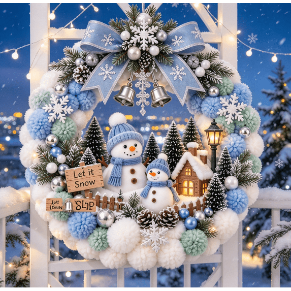 Snowman Pom Pom Christmas Wreath, Pastel Blue Pom Pom Christmas Wreath, Snowman & Lighted Cabin Accent, Unique Winter Front Door Decoration