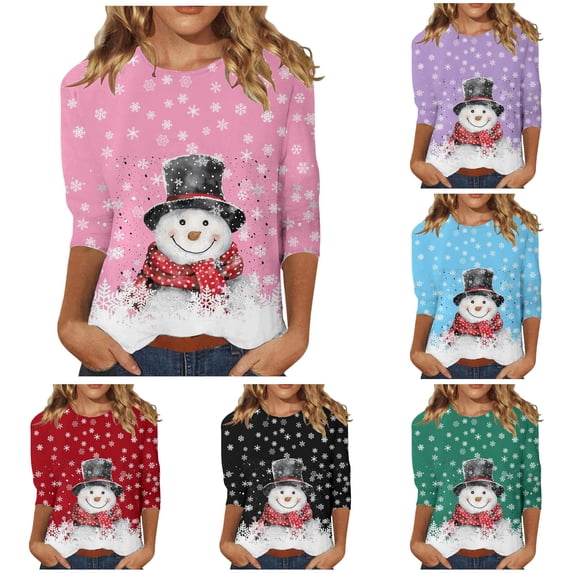 Snowman Print 3/4 Sleeve T-Shirt for Women Casual Holiday Top Soft Comfortable Christmas Tee