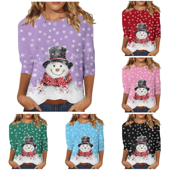 Snowman Print 3/4 Sleeve T-Shirt for Women Casual Holiday Top Soft Comfortable Christmas Tee