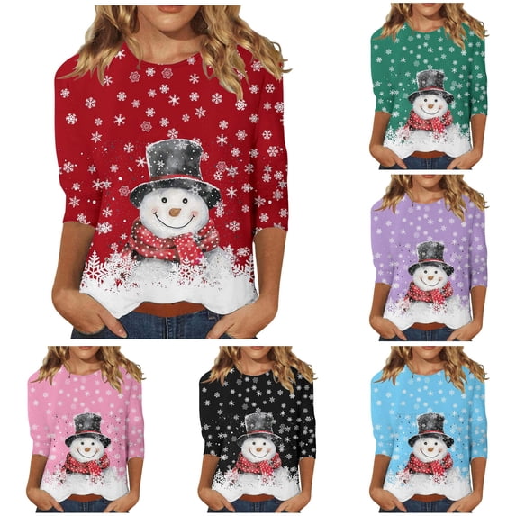 Snowman Print 3/4 Sleeve T-Shirt for Women Casual Holiday Top Soft Comfortable Christmas Tee
