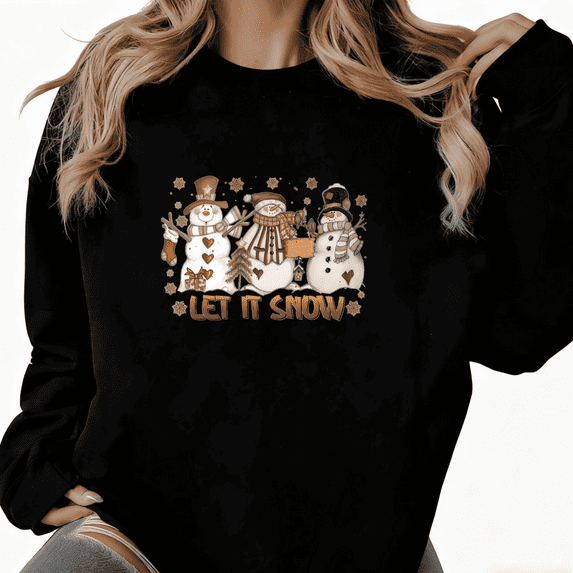 Women's cotton Black Sweatshirt Graphic Tees Shirts "Let It Snow Snowman Trio" Vintage Art Design Tops S-3XL