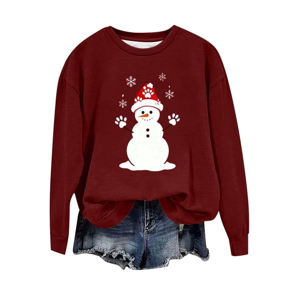 Snowman Print Sweatshirt for Women Casual Loose Crew Neck Long Sleeve Shirts Fashion Christmas Pullover Tops