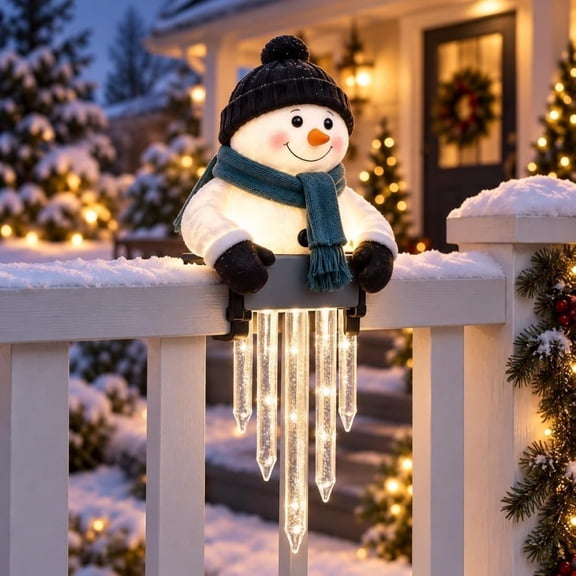 Snowman Railing Decor - Glowing Snowman with Icicles Fits on Railing, Lighted Outdoor Holiday Decoration for Porch, Deck, Balcony, Stair, Fence & Christmas Display